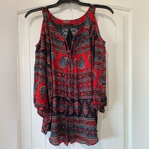 Red and Black Cold Shoulder Bohemian Blouse